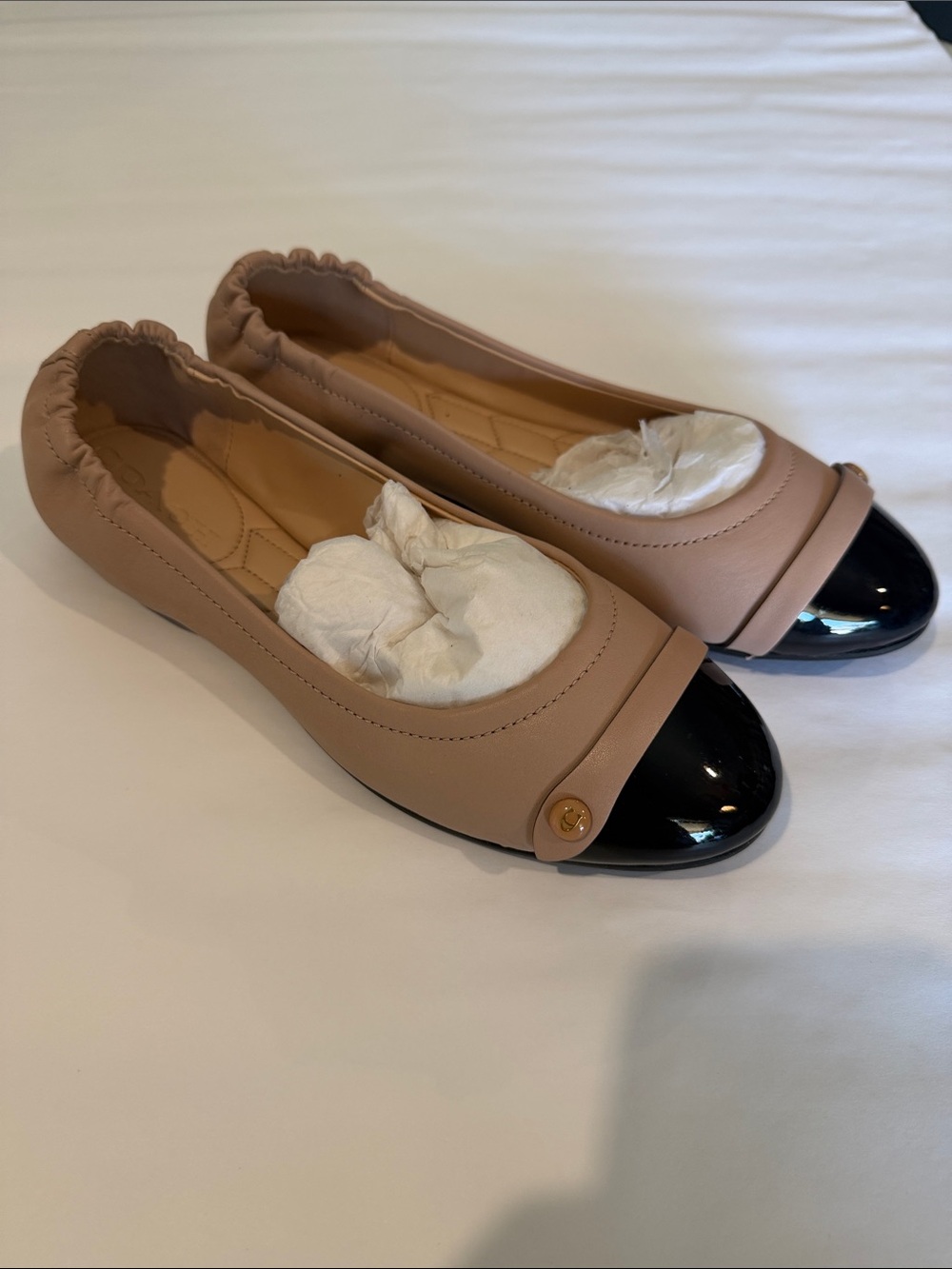 Coach Nude Ballet Flats with Black Patent Cap Toe